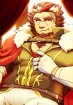  1boy animal_ears bara beard brown_hair cape chest_tuft chinstrap_beard clothes_pull covered_abs crave_saga crown curtains facial_hair fur-trimmed_cape fur_trim gauntlets karaha_(crave_saga) lion_boy lion_ears looking_at_viewer male_focus multicolored_hair muscular muscular_male nattukre pants pectoral_cleavage pectorals red_hair scar scar_on_face shirt_pull sitting solo thick_eyebrows tusks two-tone_hair white_pants 