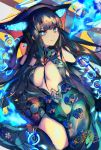 +_+ 1girl arm_behind_head bangs bare_shoulders black_dress black_gloves black_headwear black_legwear blue_eyes blue_fire blunt_bangs blush breasts center_opening closed_mouth dress elbow_gloves fate/grand_order fate_(series) fire fish floral_print gloves hair_ornament halo large_breasts leaf_hair_ornament long_hair looking_at_viewer maon_(vava0210) purple_hair sash smile solo sparkling_eyes thighhighs thighs very_long_hair yang_guifei_(fate/grand_order) 