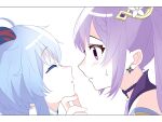  2girls blue_hair braid closed_eyes commentary_request earrings ganyu_(genshin_impact) genshin_impact hand_on_another&#039;s_chin highres horns imminent_kiss jewelry keqing_(genshin_impact) long_hair looking_at_another multiple_girls parted_lips purple_eyes purple_hair side_braid simple_background sweatdrop twintails white_background wu_qin_(gyxx_04) yuri 