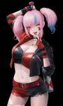  1girl absurdres baseball_bat belt breasts cleavage cosplay harley_quinn harley_quinn_(cosplay) highres holding holding_weapon hololive hololive_english midriff mori_calliope multicolored_hair nail_polish okoge_lab pink_hair solo tongue tongue_out weapon 