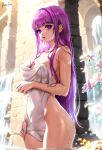  1girl bare_shoulders bath blunt_bangs blush breasts cleavage esther_shen fern_(sousou_no_frieren) large_breasts long_hair looking_at_viewer naked_towel open_mouth purple_eyes purple_hair purple_pupils sidelocks solo sousou_no_frieren straight_hair towel wet wet_towel white_towel 