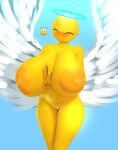 anthro areola big_areola big_breasts blush bodily_fluids breasts dibujosv12 digital_media_(artwork) emoji emoji_(race) eyes_closed feathered_wings feathers female hi_res huge_breasts lactating mouth_closed nipples not_furry nude simple_background smile solo wings yellow_body yellow_skin