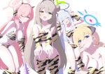  4girls :d :p ;) ahoge akari_(blue_archive) alternate_costume alternate_hairstyle animal_print armpits bare_shoulders bikini black_choker blonde_hair blue_archive blue_eyes blunt_bangs boots bow breasts brown_hair choker cleavage collarbone commentary_request demon_girl demon_horns fake_horns green_eyes grey_hair hair_between_eyes hair_bow hair_bun hair_ribbon hairband halo hanako_(blue_archive) head_tilt headgear highres horns horns_pose knee_boots large_breasts long_hair looking_at_viewer multiple_girls navel noa_(blue_archive) nonomi_(blue_archive) one_eye_closed oni_costume pink_hair ribbon setsubun sidelocks simple_background single_side_bun smile spaghetti_strap squatting stomach strapless strapless_bikini swimsuit tiger_print tongue tongue_out tonomiya68 white_background 