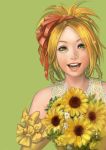  1girl blonde_hair detached_sleeves elbow_gloves final_fantasy final_fantasy_x flower gloves green_eyes hair_ornament hair_rings looking_at_viewer nexeee open_mouth rikku simple_background smile solo 