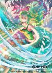  1girl bisaiiiii breasts clothes_writing copyright_name devil_fruit_power english_text feathered_wings feathers green_feathers green_hair green_tank_top harpy large_breasts licking_lips long_hair monet_(one_piece) monster_girl navel official_art one_piece one_piece_card_game smile snow tank_top tongue tongue_out winged_arms wings yellow_eyes 