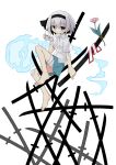  1girl asameshi bandaged_arm bandages bandaid bandaid_on_face black_hairband flower ghost green_skirt grey_hair hairband katana konpaku_youmu konpaku_youmu_(ghost) scabbard sheath shirt short_hair skirt solo sword touhou wakizashi weapon white_hair white_shirt 