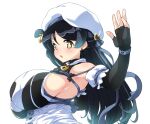  1girl black_gloves black_hair blush bracelet breasts character_request copyright_request elbow_gloves fingerless_gloves from_side gloves hirowa_nagi huge_breasts jewelry long_hair looking_at_viewer open_mouth sideboob sleeveless solo tagme upper_body white_background yellow_eyes 