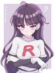  1girl ahoge black_sleeves blush breasts character_name commentary_request frown gloves highres long_hair looking_at_viewer medium_breasts pokemon pokemon_adventures purple_eyes purple_hair sabrina_(pokemon) shirt solo sweatdrop team_rocket team_rocket_uniform upper_body white_gloves white_shirt yumenosippo 