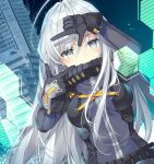  1girl ahoge black_gloves building commentary_request eyebrows_visible_through_hair finger_frame gloves grey_jacket half-closed_eyes holographic_monitor jacket light_particles long_hair long_sleeves mishima_kurone original silver_eyes silver_hair solo upper_body zipper 
