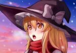  1girl blonde_hair blush breath cloud commentary eyebrows_visible_through_hair gradient_sky hair_between_eyes hat hat_ribbon junyamaekaki kirisame_marisa long_hair looking_to_the_side open_mouth outdoors red_scarf ribbon scarf sidelocks sky snowing solo standing touhou twilight upper_body upper_teeth witch_hat yellow_eyes 