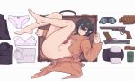  1girl absurdres bare_legs barefoot belt black_hair black_hat black_jacket black_pants bra breasts brown_coat coat collared_shirt commentary_request equipment_layout folded_clothes fur_hat goggles grey_eyes gun hair_between_eyes hat highres in_container jacket kino_(kino_no_tabi) kino_no_tabi kokuya_(kokuya28) long_bangs looking_at_viewer lying naked_coat on_side open_suitcase panties pants pouch revision revolver sheath shirt short_hair short_hair_with_long_locks sidelocks small_breasts solo suitcase thighs underwear unworn_bra unworn_goggles unworn_jacket unworn_panties unworn_pants unworn_shirt weapon white_background white_bra white_panties white_shirt 