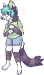  2017 alpha_channel anthro barefoot blue_bottomwear blue_clothing blue_hair blue_shorts bottomwear canid canine canis cel_shading clothed clothing digital_drawing_(artwork) digital_media_(artwork) domestic_dog eyebrows feet full-length_portrait fully_clothed fur green_clothing green_hoodie green_inner_ear green_topwear grey_body grey_eyes grey_fur grey_nose hair handpaw hi_res hindpaw hoodie jaspering male mammal markings open_mouth paws plantigrade portrait ring_(marking) ringed_tail shaded shorts simple_background snout solo standing striped_inner_ear striped_markings striped_tail stripes surprised tail tail_markings topwear transparent_background whisker_spots white_body white_fur 
