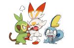  2019 3_toes angry blue_body blue_skin blush bodily_fluids crying feet fight fur generation_8_pokemon green_body grookey group makotoo nintendo open_mouth paws pokemon pokemon_(species) scorbunny simple_background sobble stick tears toes trio tuft white_background white_body white_fur 