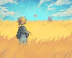  1boy 1girl blue_pants blue_sky cloud fate/grand_order fate_(series) field from_behind green_shirt hat long_hair norai0813 orange_hair outdoors pants scenery shirt short_sleeves sky straw_hat sun van_gogh_(fate) waving 