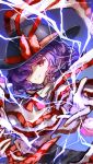  1girl aokihatoba_01 black_hat blue_background bow capelet closed_mouth commentary_request electricity hair_over_one_eye hat hat_bow highres nagae_iku purple_hair red_bow red_eyes shawl short_hair solo touhou twitter_username white_capelet 