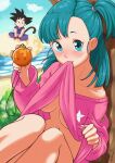  1boy 1girl beach blue_eyes blue_hair breasts breasts_apart bulma clothes_lift dougi dragon_ball dragon_ball_(classic) dragon_ball_(object) flying_nimbus highres monkey_tail mouth_hold no_bra no_panties off-shoulder_sweater off_shoulder pink_sweater side_ponytail son_goku spiked_hair sweater sweater_lift tail wolkat 
