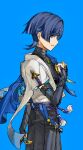  1boy black_gloves black_shirt black_shorts blue_background blue_cape blue_eyes blue_hair blunt_ends cape clenched_hand dark_blue_hair elbow_gloves fingerless_gloves fingernails genshin_impact gloves gold_necklace gold_ring hair_between_eyes hand_up highres jewelry looking_at_viewer male_focus mandarin_collar necklace no_headwear open_clothes open_vest ring scaramouche_(genshin_impact) shirt short_hair short_sleeves shorts simple_background sleeveless sleeveless_shirt smile solo standing tassel teeth vest wanderer_(genshin_impact) white_vest zzz_nn_z 