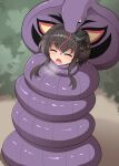  1girl anchor_symbol arbok black_eyes black_hair blush bush chups closed_eyes commission constriction crossover forked_tongue hair_between_eyes kantai_collection open_mouth pokemon pokemon_(creature) saliva short_hair_with_long_locks skeb_commission sweat tears tokitsukaze_(kancolle) tongue 