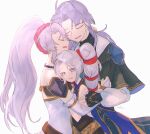  1boy 2girls arthur_(fire_emblem:_genealogy_of_the_holy_war) bead_necklace beads black_capelet black_dress black_gloves capelet commentary_request crying crying_with_eyes_open dress family fingerless_gloves fire_emblem fire_emblem:_genealogy_of_the_holy_war gloves group_hug hairband highres hug jewelry long_hair long_sleeves multiple_girls necklace open_mouth ponytail purple_dress purple_eyes purple_hair red_hairband sasaki_(dkenpisss) tailtiu_(fire_emblem) tears tine_(fire_emblem) twintails very_long_hair white_background 