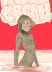  bodysuit breasts commentary copyright_name covered_navel english_commentary grey_bodysuit heavy_cream highres partially_submerged red_background short_hair standing tyto_alba water 