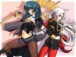  1990s_(style) 2girls axe black_footwear black_gloves black_shorts blue_eyes blue_hair boots border breasts byleth_(female)_(fire_emblem) byleth_(fire_emblem) dagger detached_collar edelgard_von_hresvelg fingerless_gloves fire_emblem fire_emblem:_three_houses garreg_mach_monastery_uniform gloves hair_ribbon hand_on_own_hip highres holding holding_axe holding_sword holding_weapon knee_boots knife long_hair looking_to_the_side midriff multiple_girls navel outside_border pantyhose parted_lips pink_background print_pantyhose purple_eyes purple_ribbon red_pantyhose retro_artstyle ribbon shadow short_shorts shorts simple_background sirknightbot standing sword weapon white_border white_gloves white_hair 
