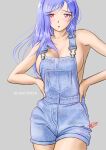  1girl blue_hair blue_overalls blush breasts collarbone dated denim grey_background hands_on_own_hips long_hair looking_at_viewer naked_overalls open_mouth original overalls red_eyes sideboob signature simple_background solo standing tanyao 