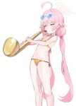 1girl absurdres ahoge bikini blue_archive blush breasts closed_eyes eyewear_on_head feet_out_of_frame ggab0621 gold_bikini hair_bobbles hair_ornament halo highres holding holding_instrument hoshino_(blue_archive) instrument long_hair low_twintails music navel pink_hair pink_halo playing_instrument side-tie_bikini_bottom simple_background small_breasts solo swimsuit twintails white_background 