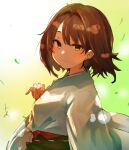  1girl brown_eyes brown_hair dappled_sunlight hair_intakes highres hyuuga_(kancolle) hyuuga_kai_ni_(kancolle) japanese_clothes kantai_collection kimono looking_at_viewer short_hair smile solo sunday_aki sunlight upper_body 