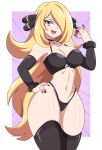  1girl :d absurdres abysswatchers black_bra black_choker black_nails black_panties black_thighhighs blonde_hair bra breasts choker cynthia_(pokemon) fur_trim groin hair_ornament hair_over_one_eye hand_on_own_hip highleg highleg_leotard highres holding holding_poke_ball large_breasts leotard long_hair looking_at_viewer nail_polish open_mouth panties poke_ball poke_ball_(basic) pokemon pokemon_dppt smile solo standing thighhighs underwear underwear_only variant_set very_long_hair wide_hips 