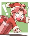  ! 1girl 1segani ahoge blush border box coat fur-trimmed_coat fur_trim gift gift_box green_background hat hearthstone long_sleeves open_mouth pink_hair santa_costume santa_hat shadow short_hair sorcerer&#039;s_apprentice_(hearthstone) surprised sweatdrop tears warcraft white_border 