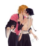  2girls absurdres auntyokula backless_outfit black_kimono bleach bleach:_sennen_kessen-hen blush breasts cleavage closed_eyes commission commissioner_upload grabbing highres hip_vent japanese_clothes kimono kiss large_breasts long_hair matsumoto_rangiku multiple_girls muscular muscular_female short_hair_with_long_locks sui-feng surprise_kiss surprised twintails wide_sleeves yuri 