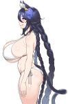  1girl :q absurdres animal_ear_fluff animal_ears armpit_crease ass bikini black_hair blush braid breasts cain_(gunnermul) cat_ears cat_girl cat_tail commentary_request cowboy_shot flower from_side hair_flower hair_ornament highres huge_breasts korean_commentary last_origin licking_lips long_hair navel poi_(last_origin) profile purple_eyes side-tie_bikini_bottom simple_background smile solo standing swimsuit tail tongue tongue_out tri_braids very_long_hair white_background white_bikini 