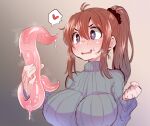  1girl blue_eyes blue_sweater blush breasts bright_pupils brown_hair clenched_hand fang full-face_blush gradient_background grey_background hair_ornament hair_scrunchie harknel heart holding_tentacle large_breasts nervous_smile open_mouth original ribbed_sweater scrunchie slime_(substance) smile solo spoken_heart sweat sweater tentacles wet white_pupils 