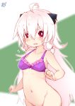  1girl ahoge bangs bare_arms bare_shoulders blush bottomless bra breasts eyebrows_visible_through_hair groin hair_between_eyes long_hair looking_at_viewer navel original out-of-frame_censoring pink_hair purple_bra red_eyes reku shiroko_(reku) sidelocks small_breasts solo two-tone_background underwear underwear_only very_long_hair white_hair 