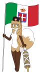  anthro averi_(fiddleafox) brown_body brown_fur canid canine clothing dipstick_tail fasces fascism female female_anthro fox fur gloves_(marking) green_eyes hair hat headgear headwear hi_res holding_object italian_flag italy leg_markings mammal markings simple_background socks_(marking) solo standing tail tail_markings unknown_artist white_body white_fur 