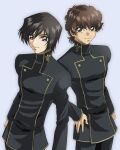  2boys black_hair brown_hair code_geass green_eyes gundam gundam_seed highres hirai_hisashi_(style) kururugi_suzaku lelouch_vi_britannia male_focus multiple_boys parody purple_eyes school_uniform short_hair simple_background uniform yamabuki_tt 