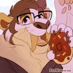  1:1 2023 anthro brown_eyes brown_hair claws clothed clothing dessert doughnut eyewear fangs felid ferwanwan fluffy food glasses hair holding_doughnut icon javier_(scraphead) low_res male mammal open_mouth open_smile pawpads paws saber-toothed_tiger sabertooth_(anatomy) smile solo sprinkles teeth watermark whiskers 
