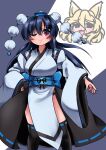  2girls :3 :d alternate_costume animal_ears black_kimono black_panties black_thighhighs blonde_hair blue_hair blue_sash breasts commentary_request detached_sleeves fox_ears fuuren_udon iizunamaru_megumu japanese_clothes kimono kourindou_tengu_costume kudamaki_tsukasa large_breasts long_hair long_sleeves multiple_girls obi one_eye_closed open_mouth panties pelvic_curtain red_eyes sash side_slit smile thighhighs touhou underwear very_long_hair white_kimono wide_sleeves 