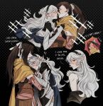  ! !! 2girls armor black_background black_hair black_hairband blue_cape blush cape closed_eyes commentary corrin_(female)_(fire_emblem) corrin_(fire_emblem) english_commentary english_text fire_emblem fire_emblem_fates grey_hair hairband height_difference highres hug imminent_kiss japanese_clothes kagero_(fire_emblem) long_hair multiple_girls ninja oratoza pointy_ears ponytail profile red_eyes simple_background sweatdrop undressing wavy_hair yuri 
