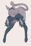  1girl 2b_(nier:automata) animal_ears black_gloves black_hairband black_shirt black_thighhighs breasts cat_ears cat_girl cat_tail cleavage commentary eules full_body gloves greyscale hair_between_eyes hairband highres leaning_forward leotard long_sleeves looking_at_viewer medium_breasts monochrome nier:automata nier_(series) open_mouth paw_pose puffy_long_sleeves puffy_sleeves shirt short_hair simple_background solo tail thighhighs white_background white_eyelashes white_eyes white_hair white_leotard 