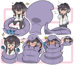  !? ...? 1girl ? arbok black_eyes black_hair black_thighhighs blue_sailor_collar blush chibi closed_eyes commission constriction crossover dress flying_sweatdrops forked_tongue grey_hair heart highres kantai_collection kuto_tubuyaki long_sleeves multicolored_hair multiple_views neckerchief one_eye_closed open_mouth pink_eyes pokemon pokemon_(creature) sailor_collar sailor_dress short_dress short_hair_with_long_locks simple_background skeb_commission sound_effects sweat thighhighs tokitsukaze_(kancolle) tongue translation_request two-tone_background white_dress yellow_neckerchief 