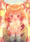  1girl abstract_background animal_ears baozi checkered_clothes checkered_scarf commentary_request eating food highres holding holding_food jacket long_hair long_sleeves minami_seira orange_hair raccoon_ears raccoon_girl raphtalia red_eyes red_scarf ribbed_sweater scarf signature solo steam sweater tate_no_yuusha_no_nariagari white_sweater yellow_jacket 