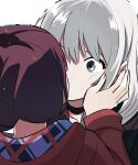  2girls black_choker brown_hair cheek_squash choker gganchan girls_band_cry grey_eyes grey_hair hands_on_own_cheeks hands_on_own_face highres iseri_nina jacket kawaragi_momoka kiss long_hair long_sleeves low_twintails multiple_girls red_jacket short_hair short_twintails simple_background twintails white_background yuri 