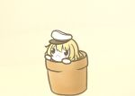  1girl :o blonde_hair blush chibi flower_knight_girl flower_pot hat in_container koti open_mouth solid_oval_eyes solo white_headwear yuri_(flower_knight_girl) 
