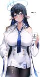  ... 1girl bags_under_eyes black_hair black_pantyhose blue_archive blue_eyes blue_hair blue_necktie blush breasts coat collarbone cowboy_shot cup dress giga-tera glasses halo hand_in_pocket highres holding holding_cup huge_breasts jacket large_breasts logo long_hair looking_at_viewer multicolored_hair necktie pantyhose pointy_ears rimless_eyewear rin_(blue_archive) simple_background single_bare_shoulder solo straight_hair torn_clothes torn_pantyhose two-tone_hair very_long_hair white_background white_coat white_dress white_jacket 
