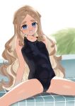  1girl 2l_(2lsize) arm_support blonde_hair blue_eyes braid breasts eyelashes glasses highres lily_(2l) long_hair one-piece_swimsuit original poolside small_breasts spread_legs swimsuit thick_eyebrows wavy_hair 