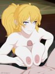  1boy 1girl ahoge artist_name blonde_hair breasts breasts_squeezed_together clothed_female_nude_male english_commentary erection hetero large_breasts large_penis long_hair looking_at_viewer necromalock nipples nude paid_reward_available paizuri parted_lips penis ponytail purple_eyes rwby solo_focus topless uncensored yang_xiao_long 