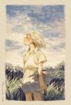  1girl closed_eyes commentary facing_to_the_side grass highres original outdoors pleated_skirt profile shirt short_hair skirt sky solo standing traditional_media u_tsumi white_hair white_shirt wind 