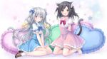 2girls :d animal_ear_fluff animal_ears barefoot black_hair blue_bow blue_sailor_collar blue_sky blush bow brown_eyes brown_footwear cat_ears cat_girl cat_tail closed_mouth commentary_request copyright_request frilled_pillow frilled_sailor_collar frilled_skirt frilled_socks frills grey_hair hair_between_eyes hair_bow hair_ornament hairclip heart heart-shaped_pillow high-waist_skirt highres korie_riko loafers long_hair multiple_girls pillow pink_sailor_collar pink_skirt pleated_skirt puffy_short_sleeves puffy_sleeves purple_bow purple_eyes sailor_collar shoes short_sleeves skirt sky smile socks star_(symbol) swept_bangs tail thigh_strap two_side_up very_long_hair white_socks 