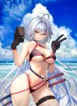  1girl absurdres ahoge artist_request bangs bare_shoulders beach belt bikini black_bikini black_choker black_gloves blue_sky blush breasts cellphone choker fate/grand_order fate_(series) gloves hair_between_eyes highres jeanne_d&#039;arc_(alter_swimsuit_berserker) jeanne_d&#039;arc_(fate)_(all) katana licking_lips long_hair looking_at_viewer multiple_swords navel o-ring ocean phone silver_hair sky solo swimsuit sword thigh_strap thighs tongue tongue_out v very_long_hair weapon wet yellow_eyes 